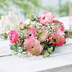A bouquet of pink and white picotee ranunculus flowers lying on a white tabletop.