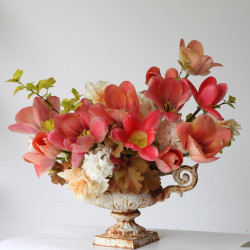 Coral pink and white spring flowers in an elegant arrangement, featuring Darwin Hybrid tulip Mystic Van Eijk, daffodil Delnashaugh, and hyacinth Aiolos.