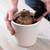 An amaryllis bulb being planted in a white ceramic flower pot.