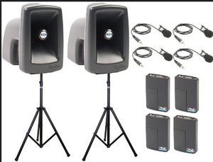 Anchor Audio MegaVox 2 Air X4 - AnchorAIR and AnchorLINK, four wireless belt pack transmitters with lapel microphones and two speaker stands