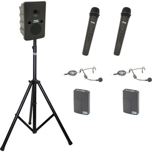 Anchor Audio GG2-System 4-HHHBM- AnchorLINK, and two wireless handheld microphones, two wireless belt pack transmitters with headband microphones, and one speaker stand