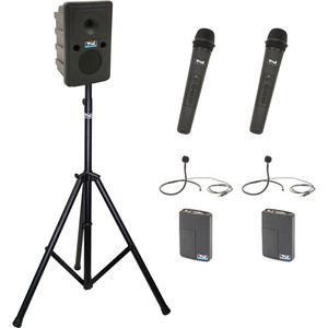 Anchor Audio GG2-System 4-HHCM- AnchorLINK, and two wireless handheld microphones, two wireless belt pack transmitters with collar microphones, and one speaker stand