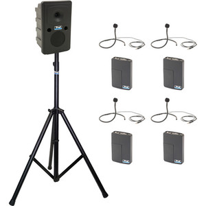 Anchor Audio GG2-System 4-CM- AnchorLINK, and four wireless belt pack transmitters with collar microphones, and one speaker stand