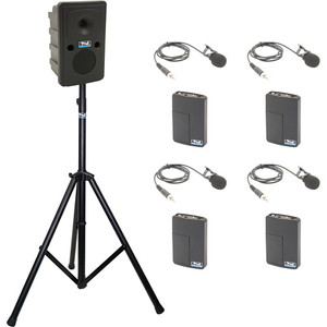 Anchor Audio GG2-System X4-LM-AnchorAIR and AnchorLINK, four wireless belt pack transmitters with lapel microphones, and one speaker stand