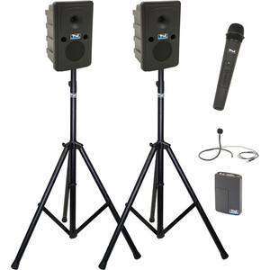 Anchor Audio GG2-COMP2-HCM - Go Getter 2 Pair, AnchorLink, one wireless handheld microphone, 1 wireless belt pack transmitter with collar microphone, two speaker stands, and one SPEAKON companion speaker cable