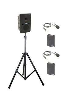 Anchor Audio GG2-System X2-LM-AnchorAIR and AnchorLINK, two wireless belt pack transmitters with lapel microphones, and one speaker stand