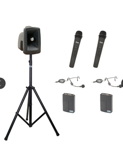Anchor Audio MegaVox 2 System 4 - HBM- AnchorLINK, 2 wireless handheld microphones, 2 wireless belt pack transmitters with headband microphones, and 1 speaker stand