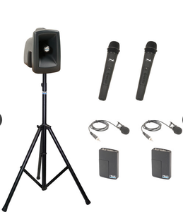 Anchor Audio MegaVox 2 System 4 - HLM- AnchorLINK, 2 wireless handheld microphones, 2 wireless belt pack transmitters with lapel microphones, and 1 speaker stand