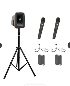 Anchor Audio MegaVox 2 System 4 - HCM- AnchorLINK, 2 wireless handheld microphones, 2 wireless belt pack transmitters with collar microphones, and 1 speaker stand