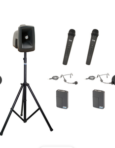 Anchor Audio MegaVox 2 System X4 - HLM- AnchorAIR and AnchorLINK, 2 wireless handheld microphones, and 2 wireless belt pack transmitters with lapel microphones,  and 1 speaker stand