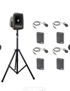 Anchor Audio MegaVox 2 System X4 - LM- AnchorAIR and AnchorLINK,  4 wireless belt pack transmitters with lapel microphones,  and 1 speaker stand