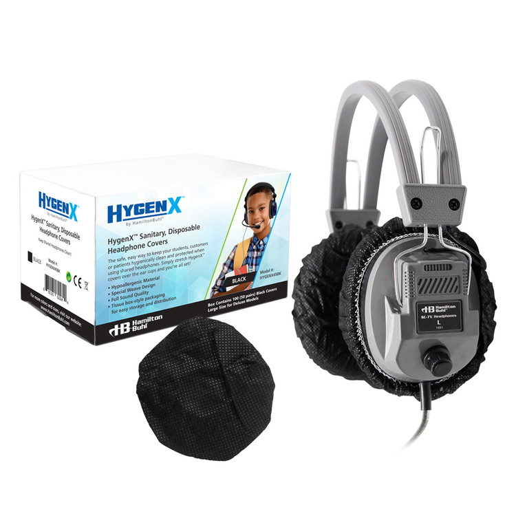 Hamilton Buhl HygenX Sanitary, Disposable Ear Cushion Covers for 4.5" Deluxe-Sized Headphones and Headsets, 50 Pairs – Black