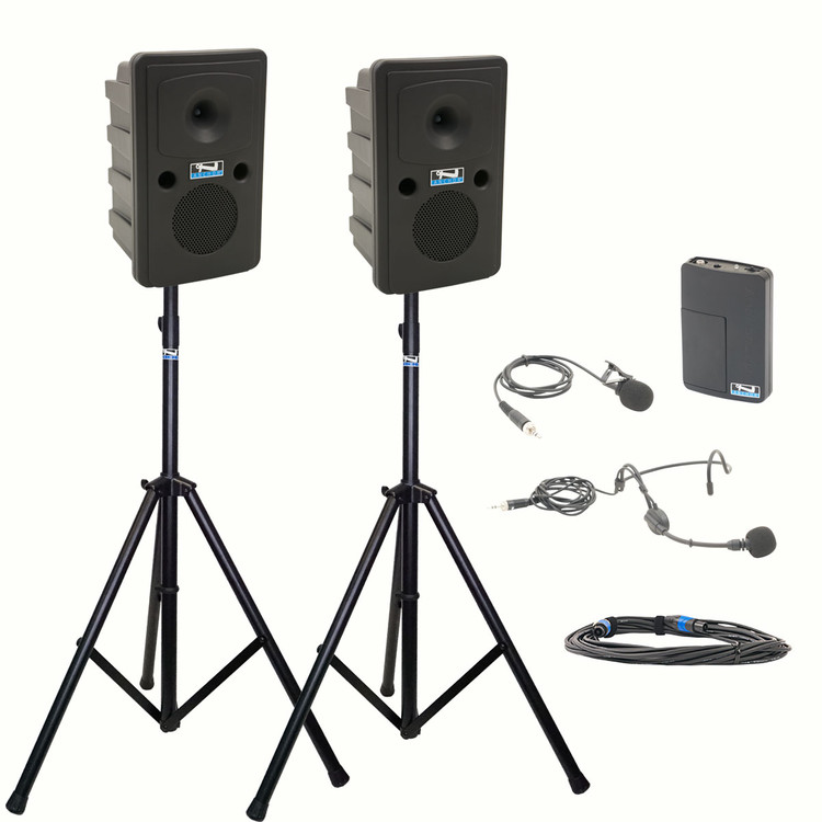 Anchor Audio Go Getter 2 - Deluxe Package with Unpowered Companion Speaker, Speaker Cable, Wireless Headband Mic, Lapel Mic, Beltpack, and Speaker Stands