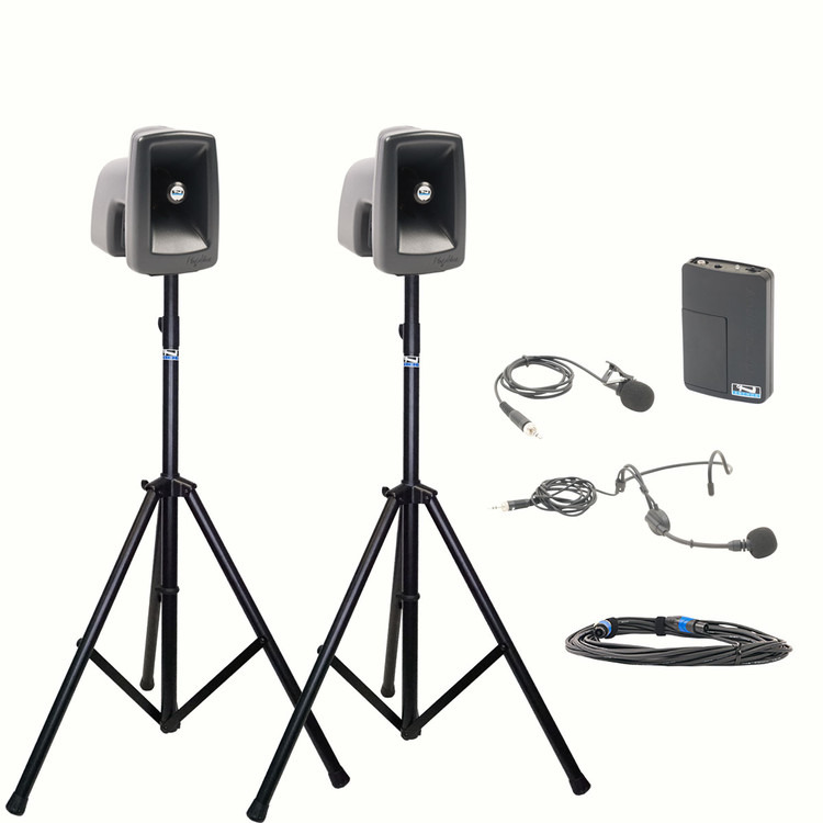 Anchor Audio MegaVox 2 Deluxe Package with Unpowered Companion Speaker, Speaker Cable, Wireless Headband Mic, Lapel Mic, Beltpack, and Speaker Stands