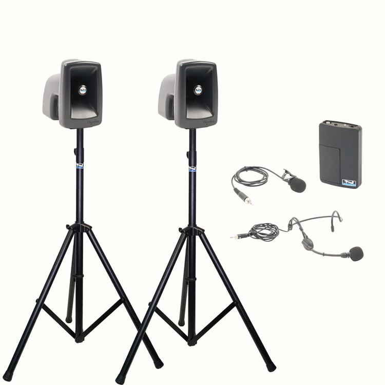 Anchor Audio MegaVox 2 Deluxe AIR Package with Wireless Companion Speaker, Wireless Headband Mic, Lapel Mic, Beltpack, and Speaker Stands