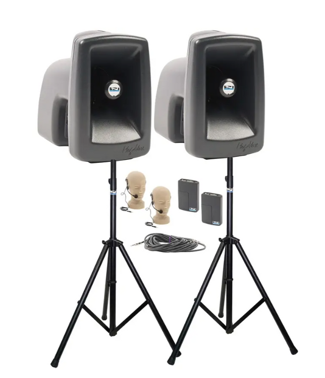 Anchor Audio MegaVox 2 COMP2-HBM - Pair, AnchorLINK, 2 wireless beltpack transmitters with headband microphones,  2 speaker stands, 1 companion speaker cable