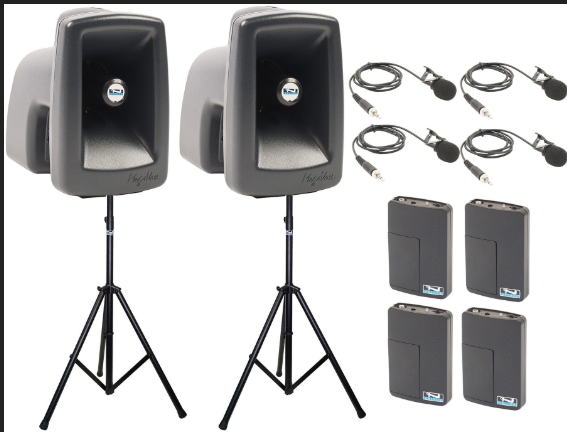 Anchor Audio MegaVox 2 Air X4 - AnchorAIR and AnchorLINK, four wireless belt pack transmitters with lapel microphones and two speaker stands
