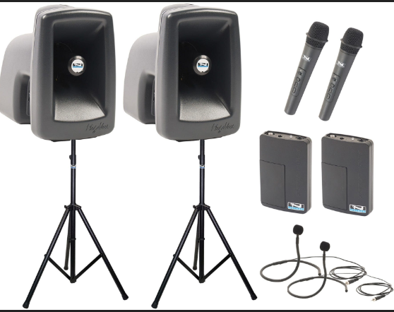 Anchor Audio MegaVox 2 Air X4 - AnchorAIR and AnchorLINK, two wireless handheld microphones, two wireless belt pack transmitters with collar microphones and two speaker stands