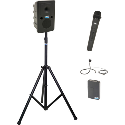 Anchor Audio GG2-System 2-HCM- AnchorLINK, and one wireless handheld microphone, one wireless belt pack transmitter with collar microphone, and one speaker stand