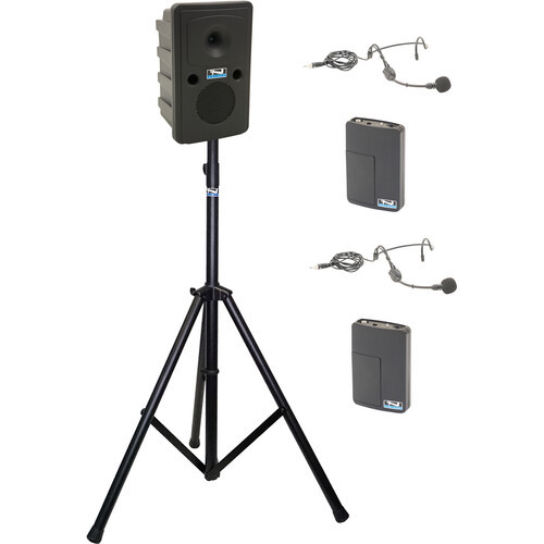 Anchor Audio GG2-System 2-HBM- AnchorLINK, and two wireless belt pack transmitters with headband microphones, and one speaker stand