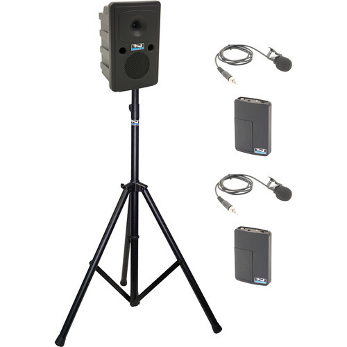 Anchor Audio GG2-System 2-LM- AnchorLINK, and two wireless belt pack transmitters with lapel microphones, and one speaker stand