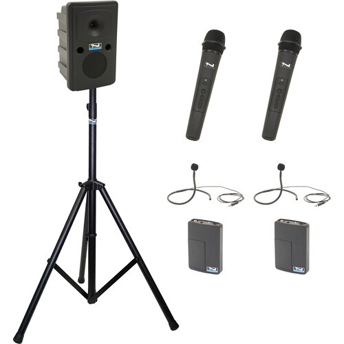 Anchor Audio GG2-System 4-HHCM- AnchorLINK, and two wireless handheld microphones, two wireless belt pack transmitters with collar microphones, and one speaker stand