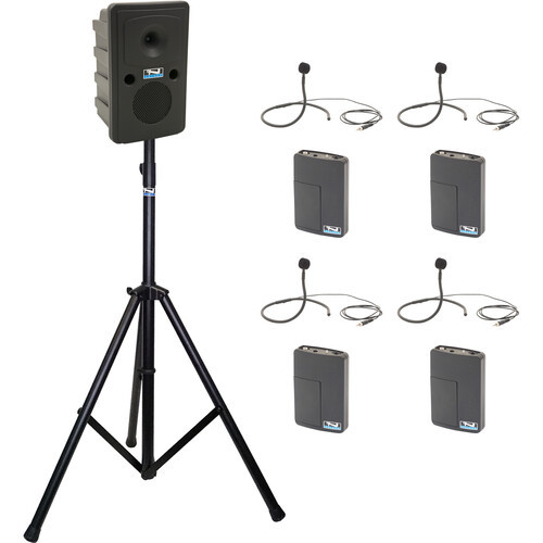 Anchor Audio GG2-System 4-CM- AnchorLINK, and four wireless belt pack transmitters with collar microphones, and one speaker stand