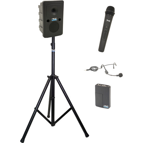 Anchor Audio GG2-System X2-HHBM-AnchorAIR and AnchorLINK, one wireless handheld microphone, one wireless belt pack transmitter with headband microphone, and one speaker stand