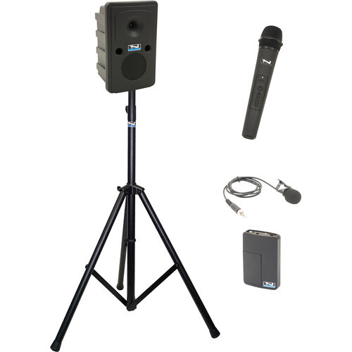 Anchor Audio GG2-System X2-HLM-AnchorAIR and AnchorLINK, one wireless handheld microphone, one wireless belt pack transmitter with lapel microphone, and one speaker stand