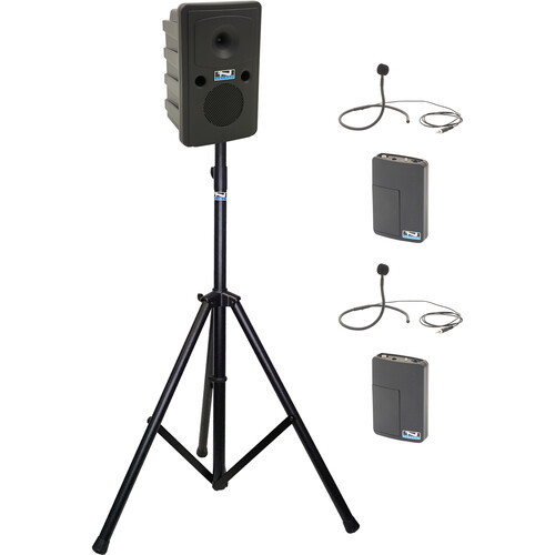 Anchor Audio GG2-System X2-CM-AnchorAIR and AnchorLINK, two wireless belt pack transmitters with two collar microphones, and one speaker stand