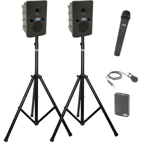 Anchor Audio GG2-COMP2-HLM - Go Getter 2 Pair, AnchorLink, one wireless handheld microphone, 1 wireless belt pack transmitter with lapel microphone, two speaker stands, and one SPEAKON companion speaker cable