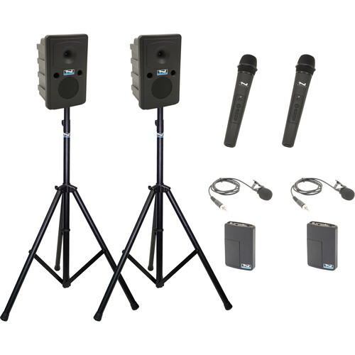 Anchor Audio GG2-COMP4-HHLM - Go Getter 2 Pair, AnchorLink, two wireless handheld microphones, two wireless belt pack transmitter with lapel microphones, two speaker stands, and one SPEAKON companion speaker cable