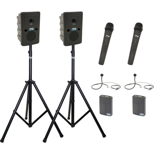Anchor Audio GG2-COMP4-HHCM - Go Getter 2 Pair, AnchorLink, two wireless handheld microphones, two wireless belt pack transmitters with collar microphones, two speaker stands, and one SPEAKON companion speaker cable