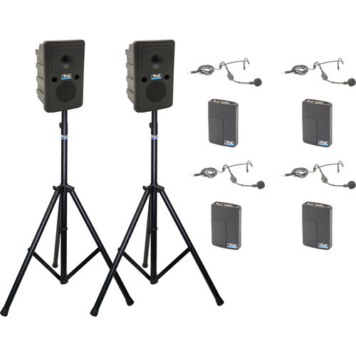 Anchor Audio GG2-AIR X4-HBM - Go Getter 2 Pair, AnchorAIR and AnchorLINK, four wireless belt pack transmitters with headband microphones, and two speaker stands