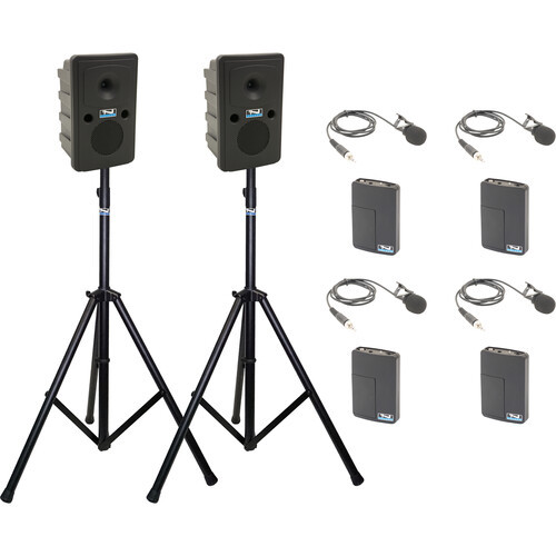 Anchor Audio GG2-AIR X4-LM - Go Getter 2 Pair, AnchorAIR and AnchorLINK, four wireless belt pack transmitters with lapel microphones, and two speaker stands