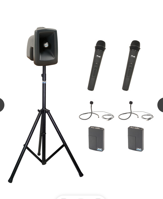 Anchor Audio MegaVox 2 System 4 - HCM- AnchorLINK, 2 wireless handheld microphones, 2 wireless belt pack transmitters with collar microphones, and 1 speaker stand