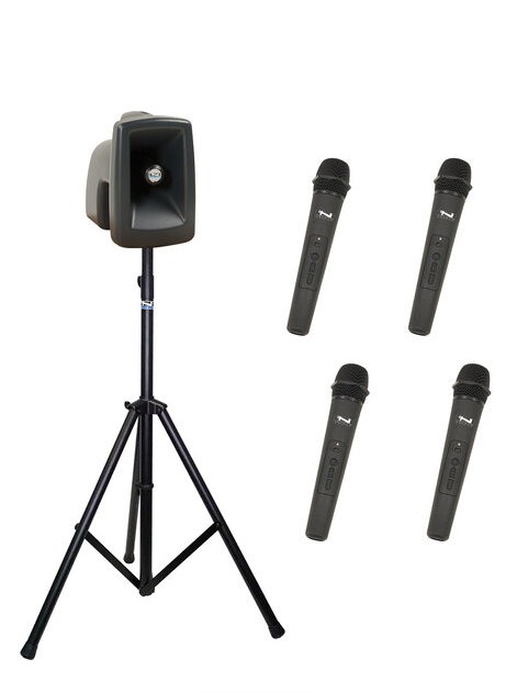Anchor Audio MegaVox 2 System X4 - WH- AnchorAIR and AnchorLINK, 4 wireless handheld microphones, and 1 speaker stand