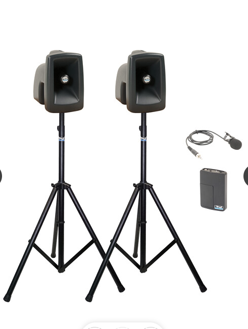 Anchor Audio MegaVox 2 COMP1-LM - Pair, AnchorLINK, 1 wireless belt pack transmitter with lapel microphone, 2 speaker stands, 1 companion speaker and cable