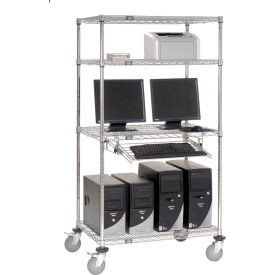 Nexel 4-Shelf Mobile Wire Computer LAN Workstation w/Keyboard Tray, 36"W x 24"D x 69"H, Chrome