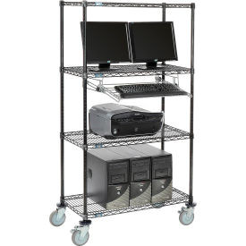 Nexel 4-Shelf Mobile Wire Computer LAN Workstation w/ Keyboard Tray, 36"W x 18"D x 69"H, Black
