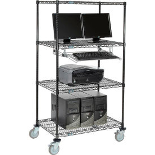 Nexel 4-Shelf Mobile Wire Computer LAN Workstation w/ Keyboard Tray, 36"W x 24"D x 69"H, Black
