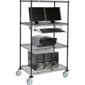 Nexel 4-Shelf Mobile Wire Computer LAN Workstation w/ Keyboard Tray, 36"W x 24"D x 69"H, Black