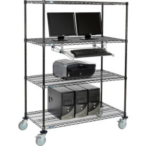 Nexel 4-Shelf Mobile Wire Computer LAN Workstation w/ Keyboard Tray, 48"W x 24"D x 69"H, Black