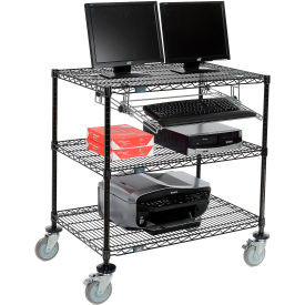 Nexel 3-Shelf Mobile Wire Computer LAN Workstation w/Keyboard Tray, 36"W x 24"D x 40"H, Black