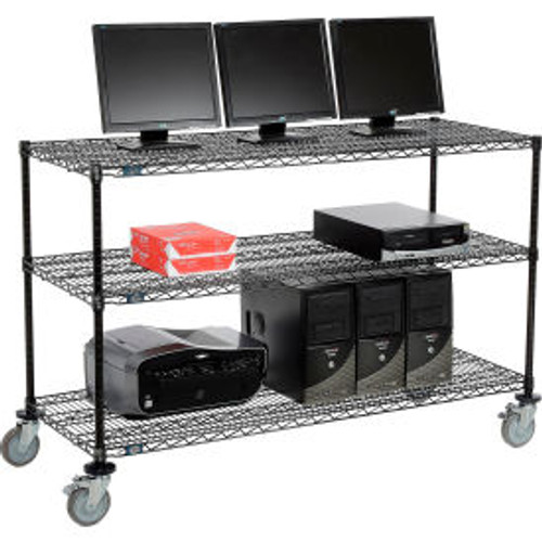Nexel 3-Shelf Mobile Wire Computer LAN Workstation, 60"W x 24"D x 40"H, Black