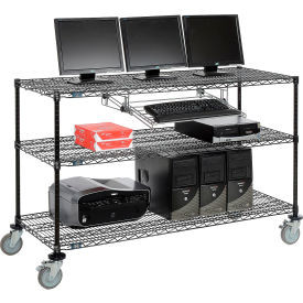 Nexel 3-Shelf Mobile Wire Computer LAN Workstation w/Keyboard Tray, 60"W x 24"D x 40"H, Black