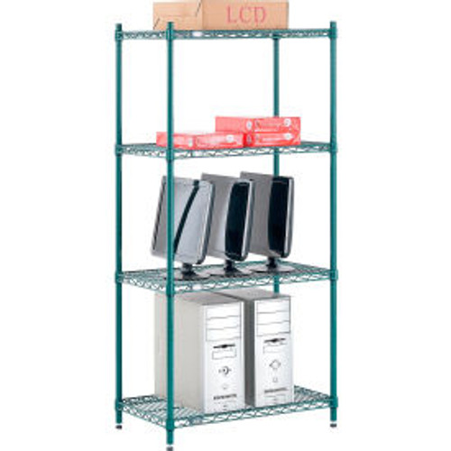 Nexel 4 Shelf, Poly-Green Wire Shelving Unit, Starter, 30"W x 18"D x 63"H