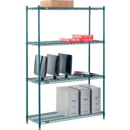 Nexel 4 Shelf, Poly-Green Wire Shelving Unit, Starter, 48"W x 14"D x 74"H
