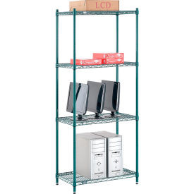 Nexel 4 Shelf, Poly-Green Wire Shelving Unit, Starter, 30"W x 18"D x 74"H