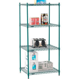 Nexel 4 Shelf, Poly-Green Wire Shelving Unit, Starter, 30"W x 24"D x 54"H
